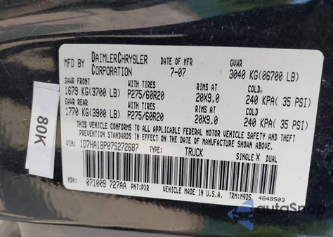 2007 Dodge Ram 1500 Slt из США, поврежденный, VIN 1D7HA18P07S272687